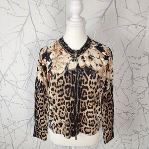 Cristina Abstract Floral Leopard Print Sequin Full Zip Boxy Fit Jacket